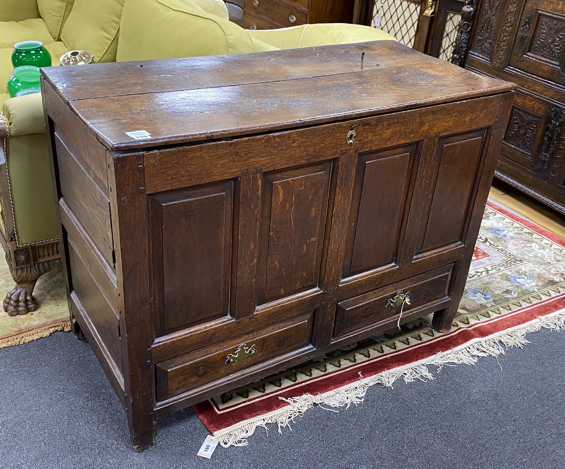 A mid 18th century oak mule chest, length 112cm, depth 53cm, height 82cm
